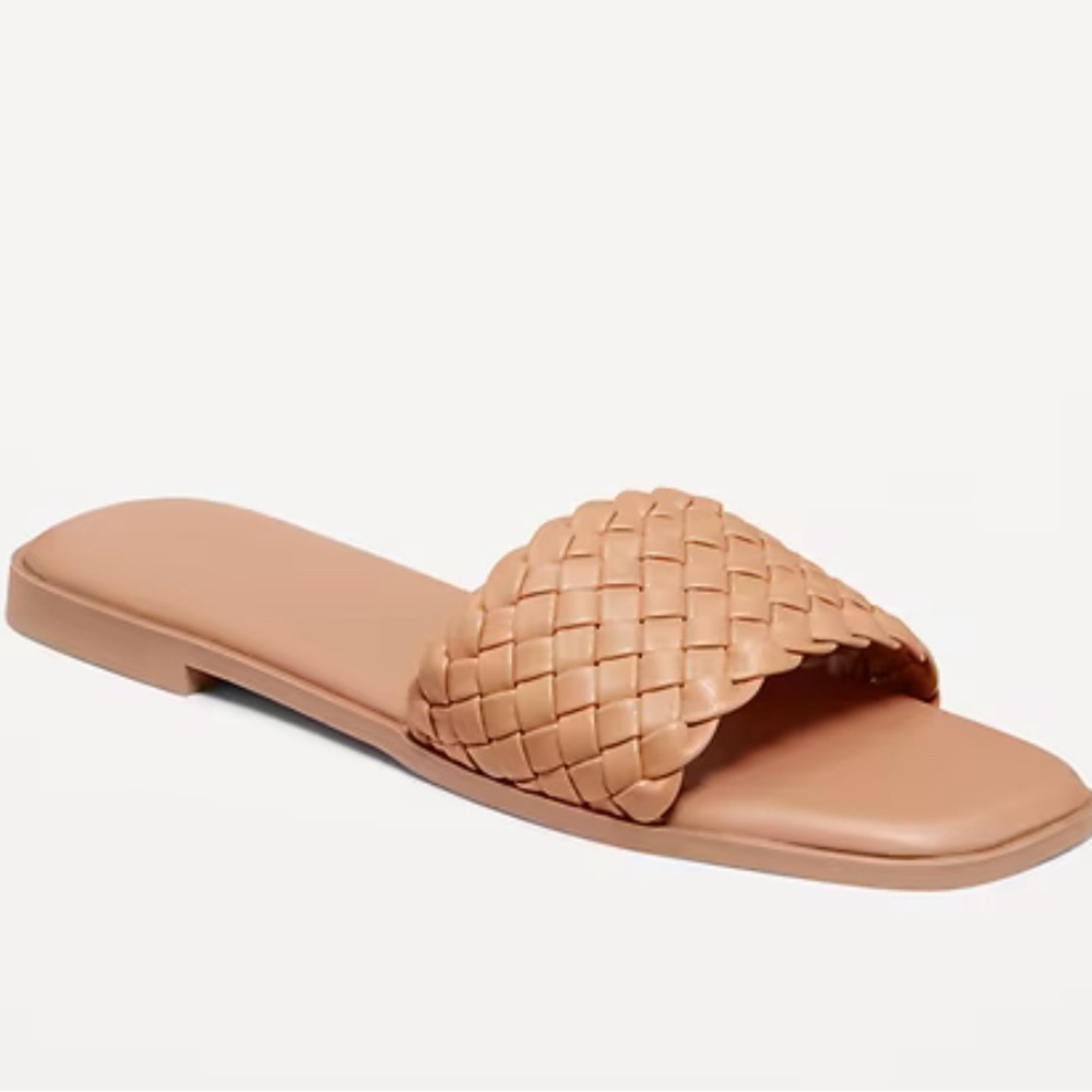 NEW…Women's Faux Leather Tan Woven Slide Sandals